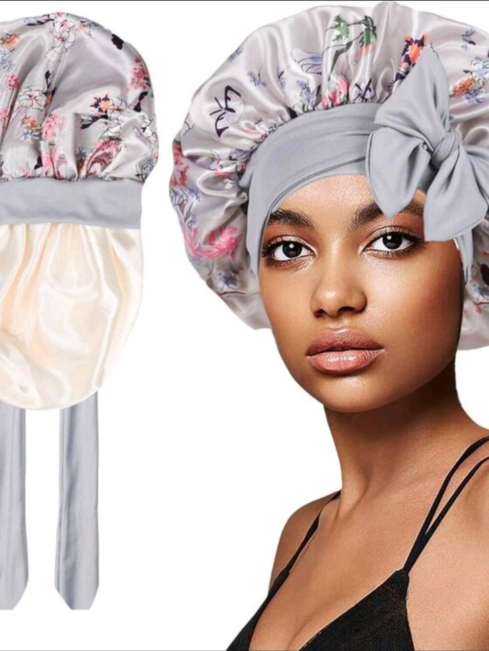 Floral Silk Satin Sleep Bonnet Head Scarf Tie Band Head Reversible Hair Wrap NEW
